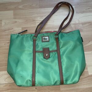 Vintage Dooney & Bourke Green Nylon Shopper Tote Brown Leather Accents D&B Logo